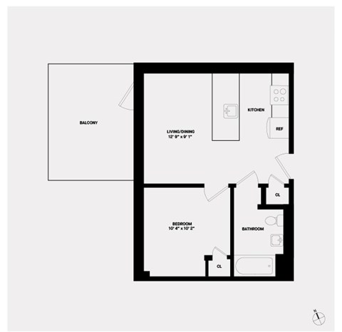 Floor plan for 1 bed, 1 bath